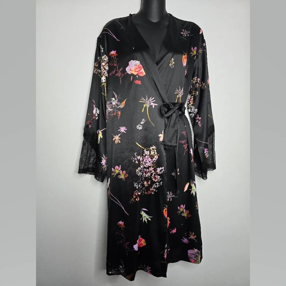 Victorias Secret Womens M/L Floral Satin Robe Kimono Sheer Lace Back with Belt‎
